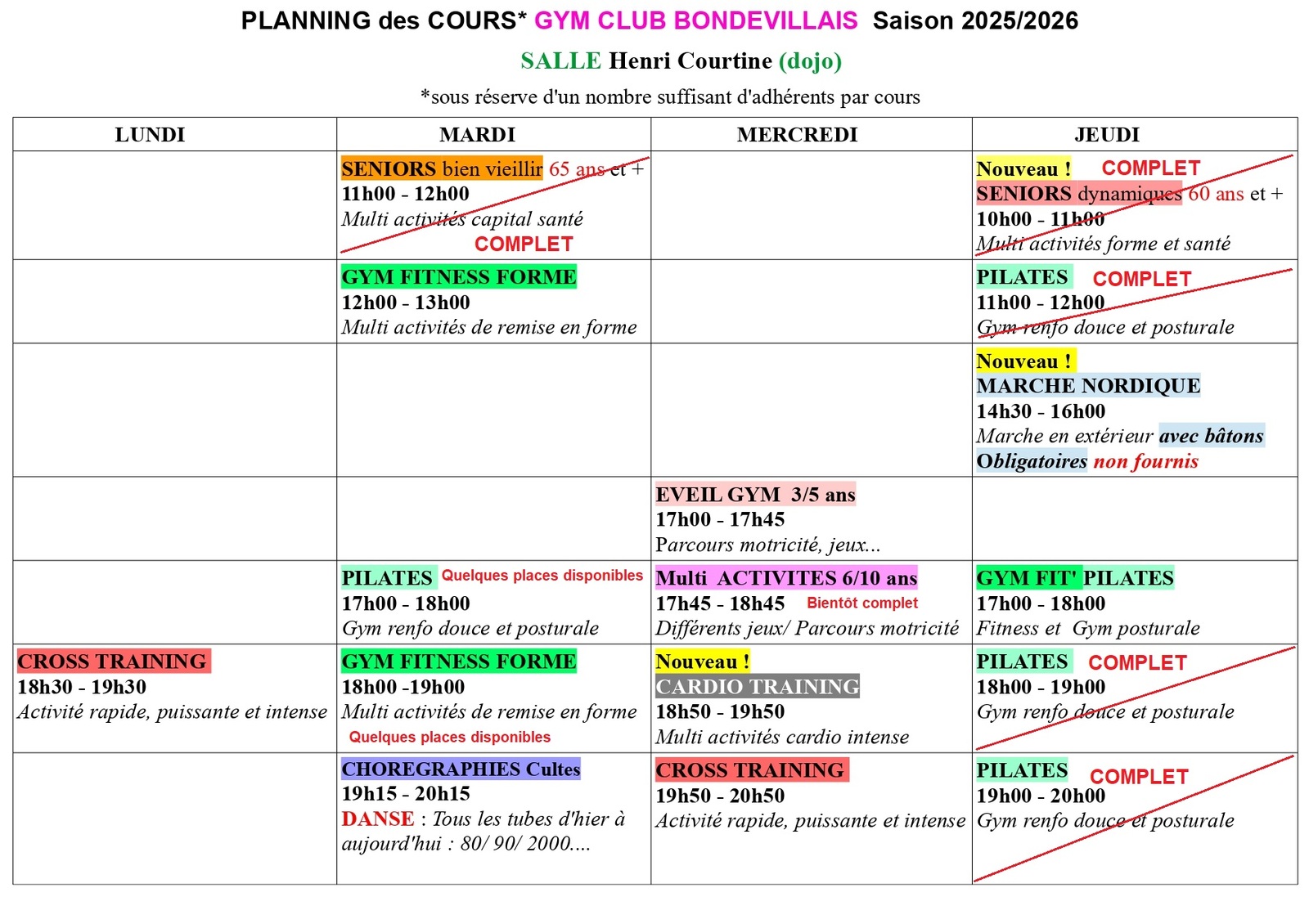 PLANNING et INSCRIPTIONS 2025/2026