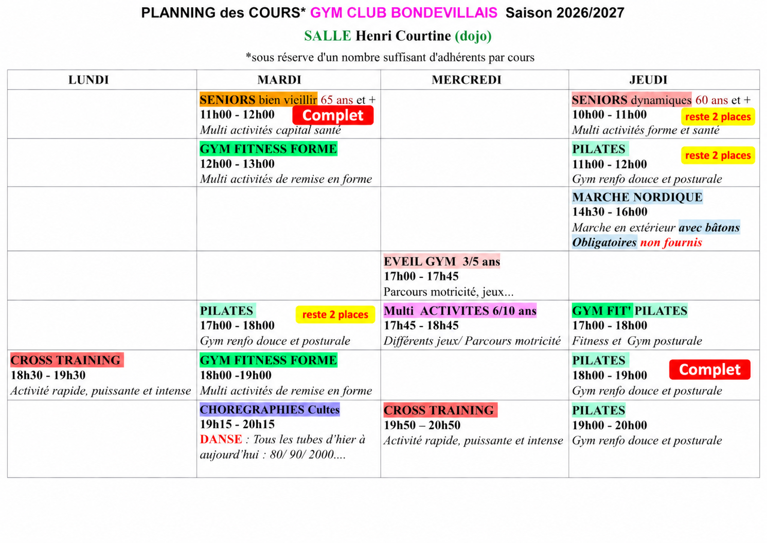 Planning des cours
