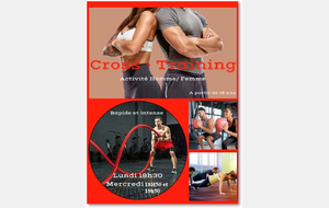 CROSS TRAINING dès 16 ans
Puissant et intense 
Lundi 18h30 / Mercredi 18h50 et 19h50
Activité rapide et intense pour HOMME et FEMME
HIIT, entraînement fractionné à haute intensité pour développer sa fonction cardio respiratoire. Travail en puissance et en endurance. Améliorer sa condition physique générale. Coordination et amélioration de l'équilibre. Renforcement des chaînes musculaires